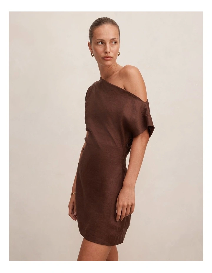 Danielle Asymmetrical Linen Mini Dress in Brown image 3