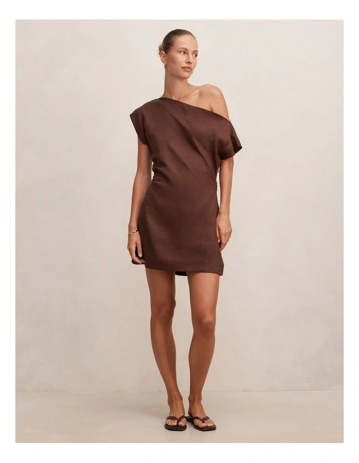 Danielle Asymmetrical Linen Mini Dress in Brown image 5