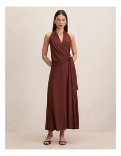 Aaliyah Wrap Halter Neck Midi Dress in Brown