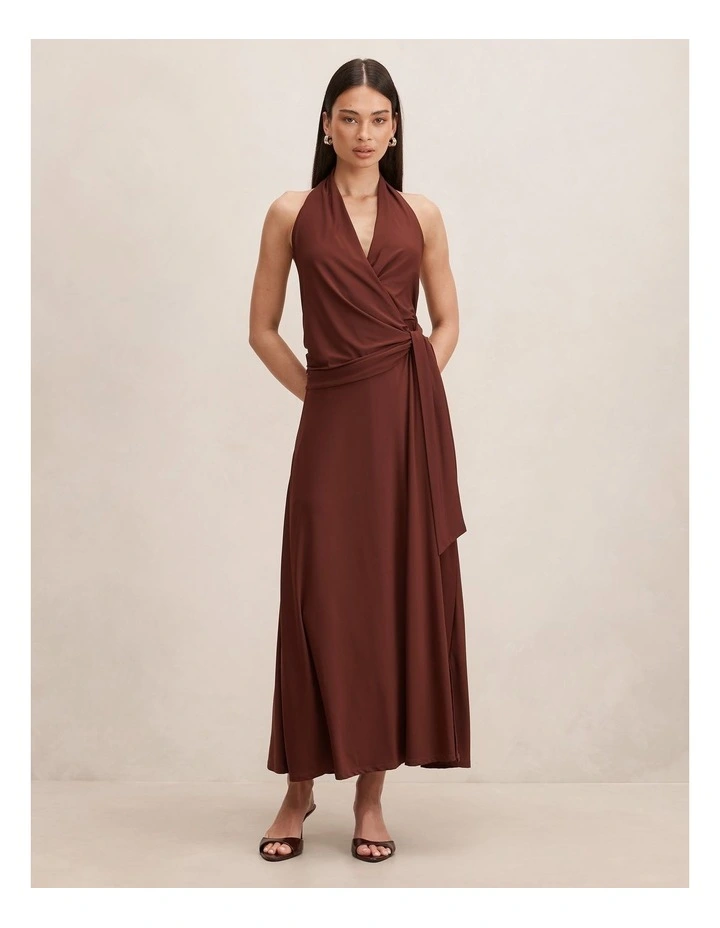 Aaliyah Wrap Halter Neck Midi Dress in Brown image 1