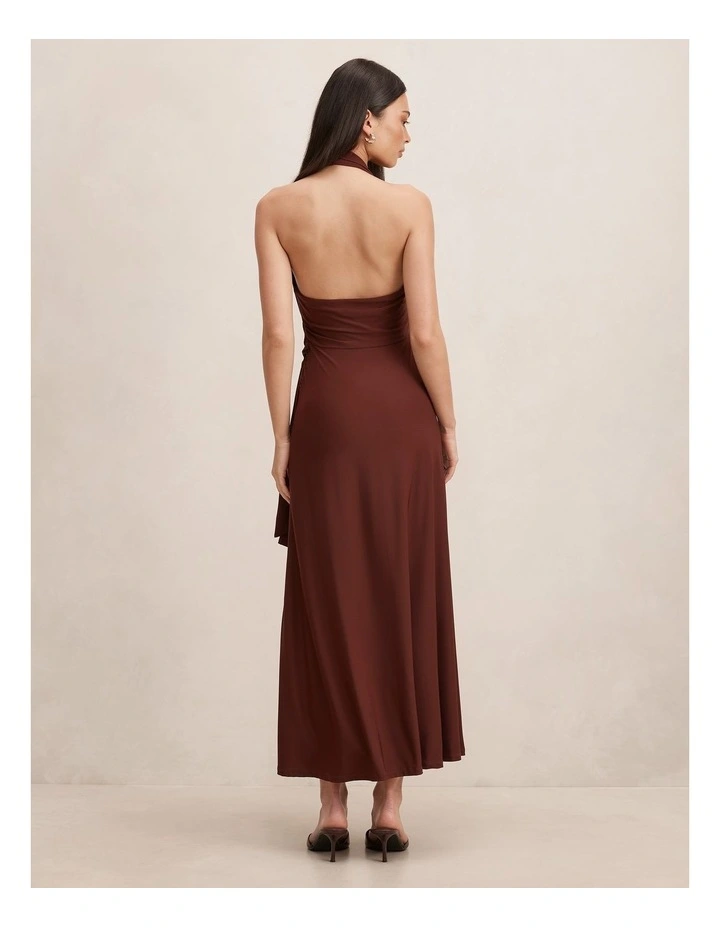 Aaliyah Wrap Halter Neck Midi Dress in Brown image 2