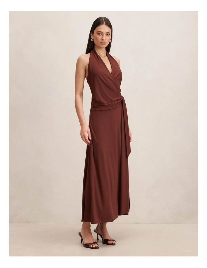 Aaliyah Wrap Halter Neck Midi Dress in Brown image 3