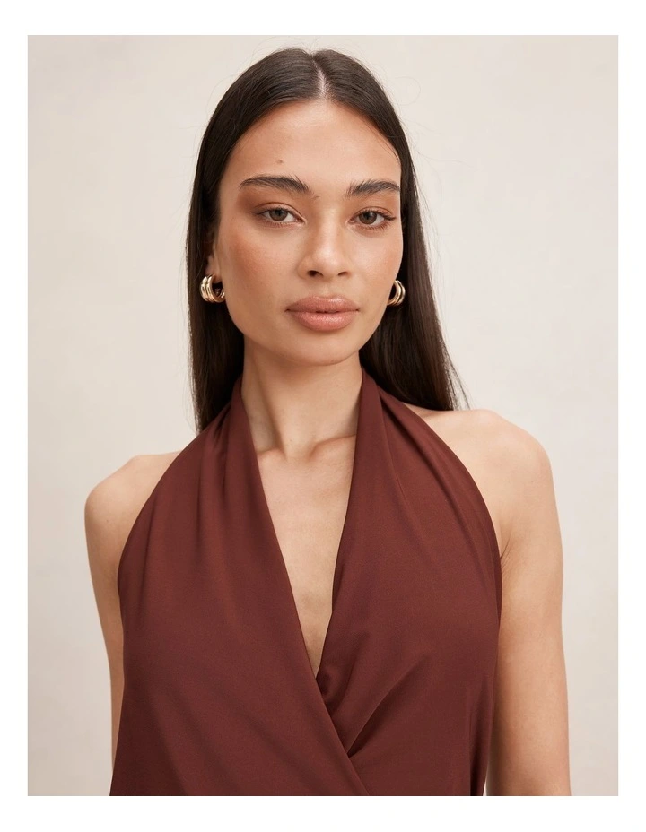 Aaliyah Wrap Halter Neck Midi Dress in Brown image 4
