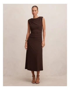 Alisa Ruched Jersey Midi Dress in Chocolate