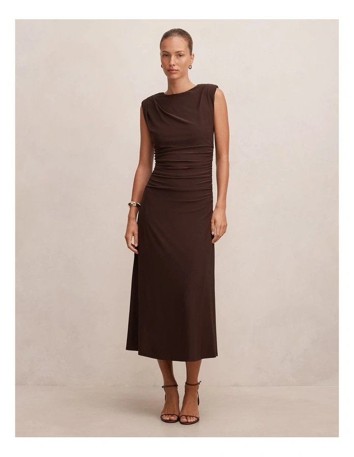 Alisa Ruched Jersey Midi Dress in Chocolate image 1