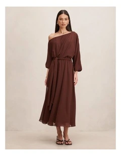 Samantha Tipped Draped Midi Dress in Brown