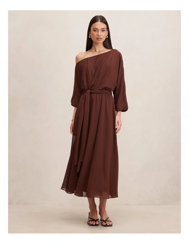 Samantha Tipped Draped Midi Dress in Brown image 1