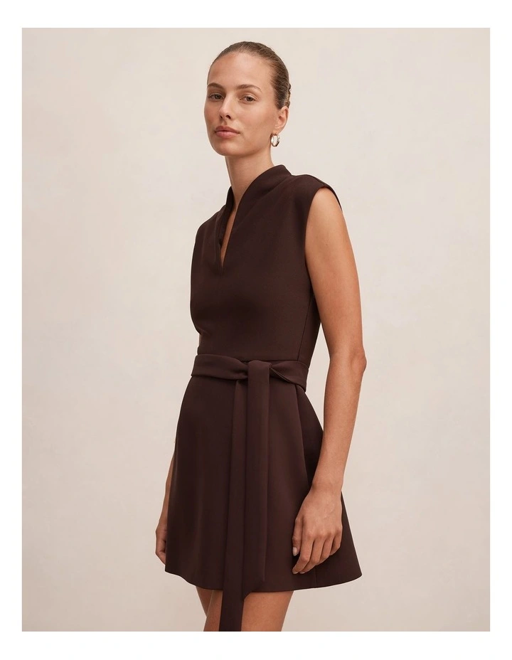Rory Structured Tie Mini Dress in Chocolate image 3