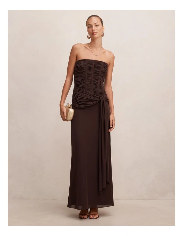 Lorelei Strapless Ruched Maxi Dress in Chocolate image 1