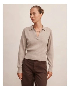 Maddie Cinched Waist Knitted Polo Top in Neutral