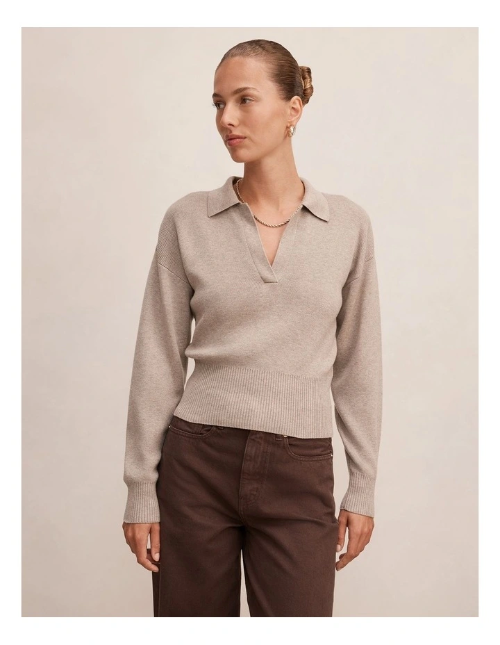 Maddie Cinched Waist Knitted Polo Top in Neutral image 1