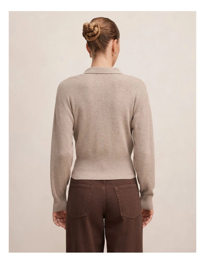 Maddie Cinched Waist Knitted Polo Top in Neutral image 2