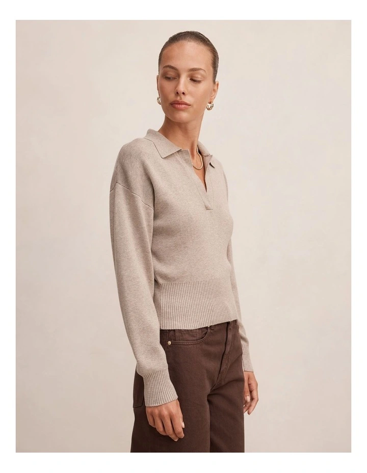 Maddie Cinched Waist Knitted Polo Top in Neutral image 3