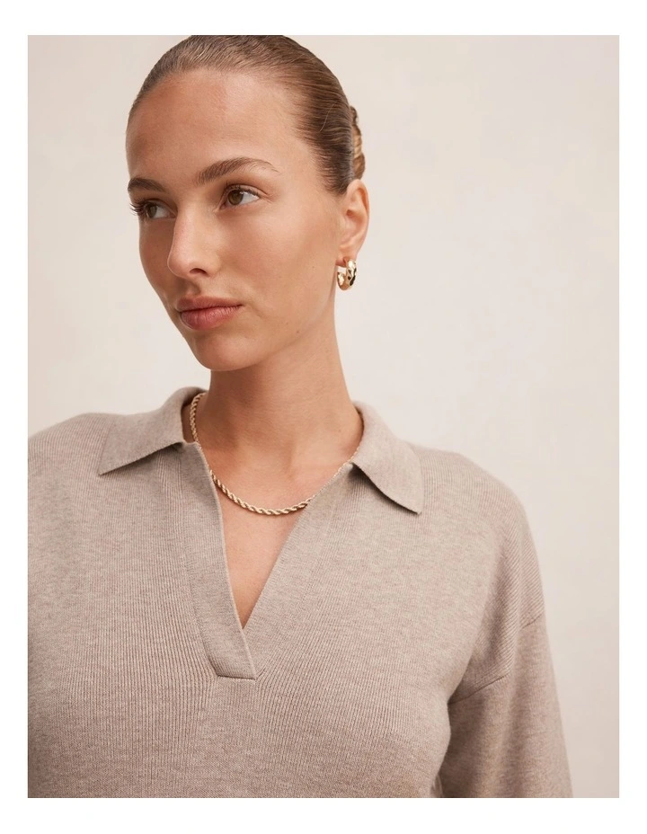 Maddie Cinched Waist Knitted Polo Top in Neutral image 4