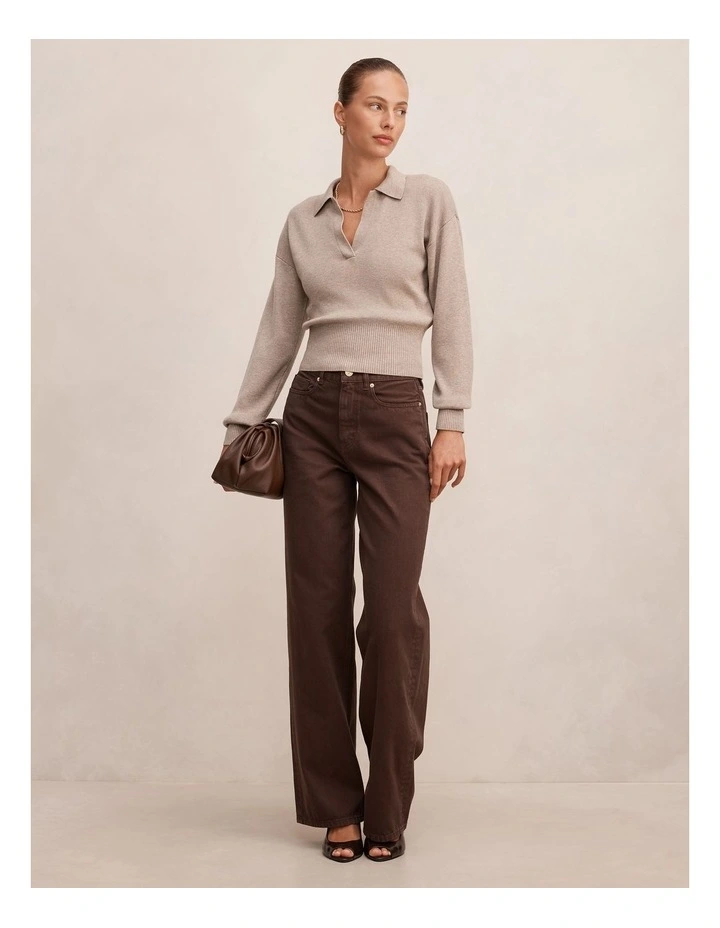 Maddie Cinched Waist Knitted Polo Top in Neutral image 5