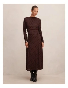 Bonnie Mesh Midi Dress in Brown Spot Print