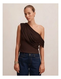 Lucille One Shoulder Draped Top in Chocolate
