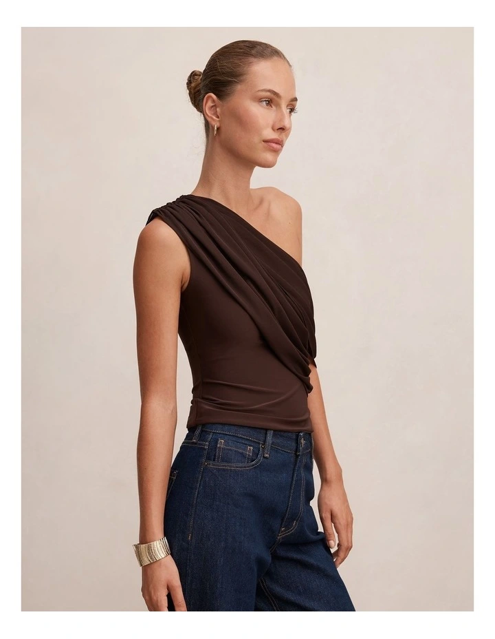 Lucille One Shoulder Draped Top in Chocolate image 3