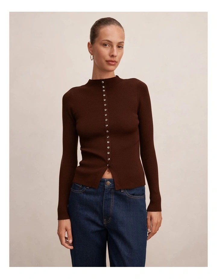 Francis Button Detail Top in Light Chocolate image 1