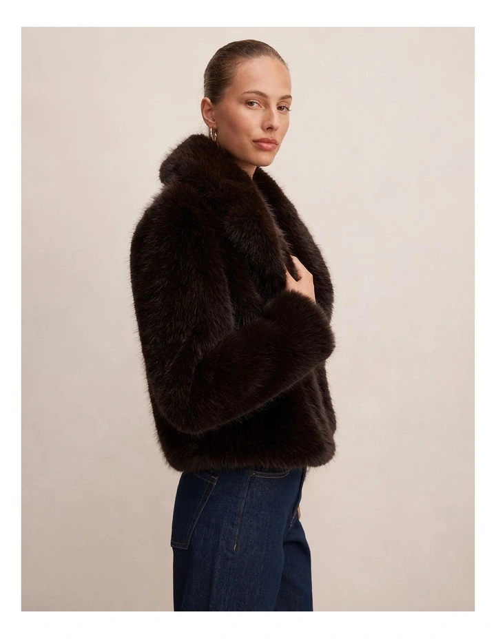 Paige Long Hair Fur Short Jacket in Chocolate image 3