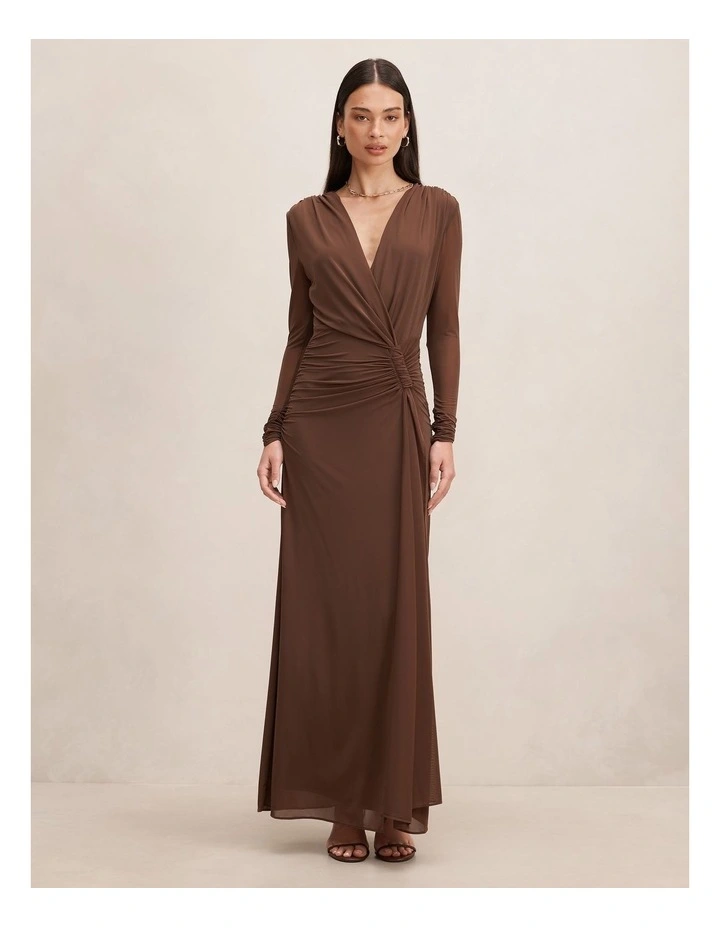 Amara Draped Mesh Maxi Dress in Chocolate image 1