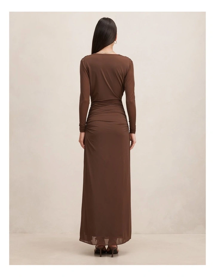 Amara Draped Mesh Maxi Dress in Chocolate image 2