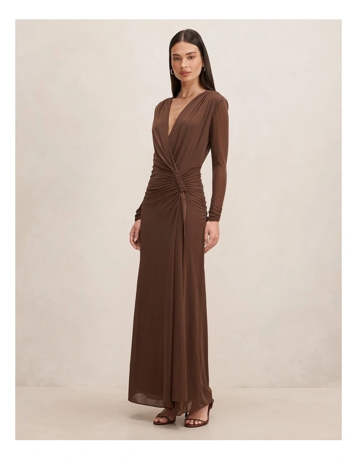 Amara Draped Mesh Maxi Dress in Chocolate image 3