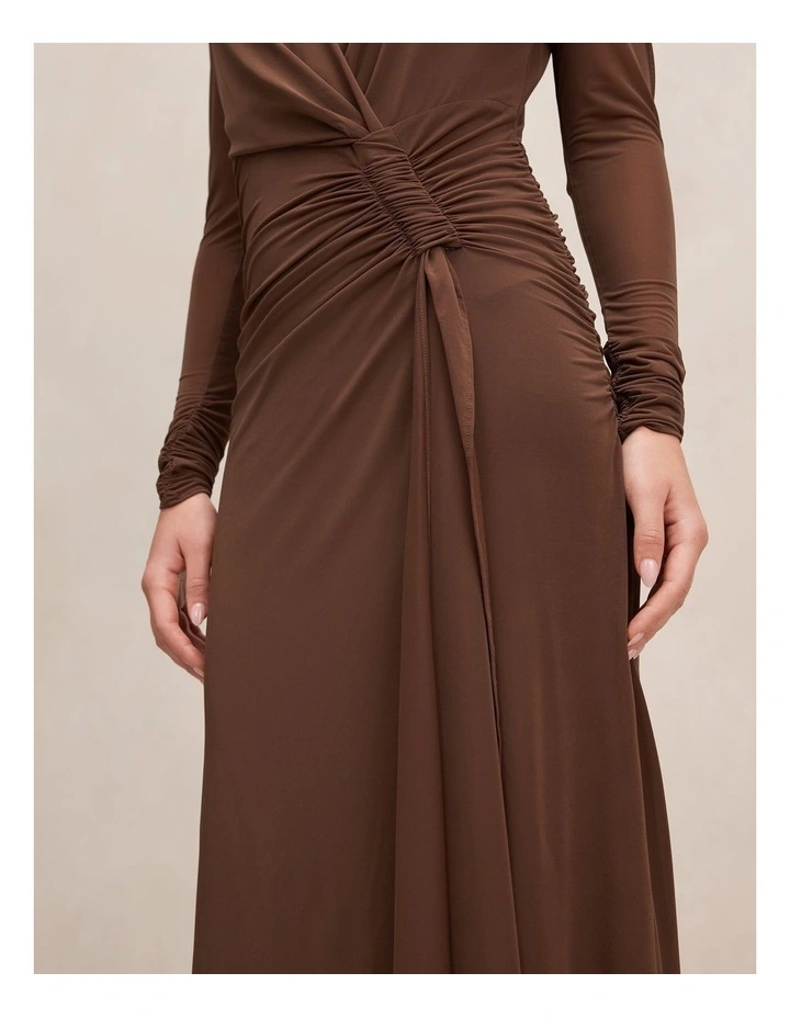 Amara Draped Mesh Maxi Dress in Chocolate image 4