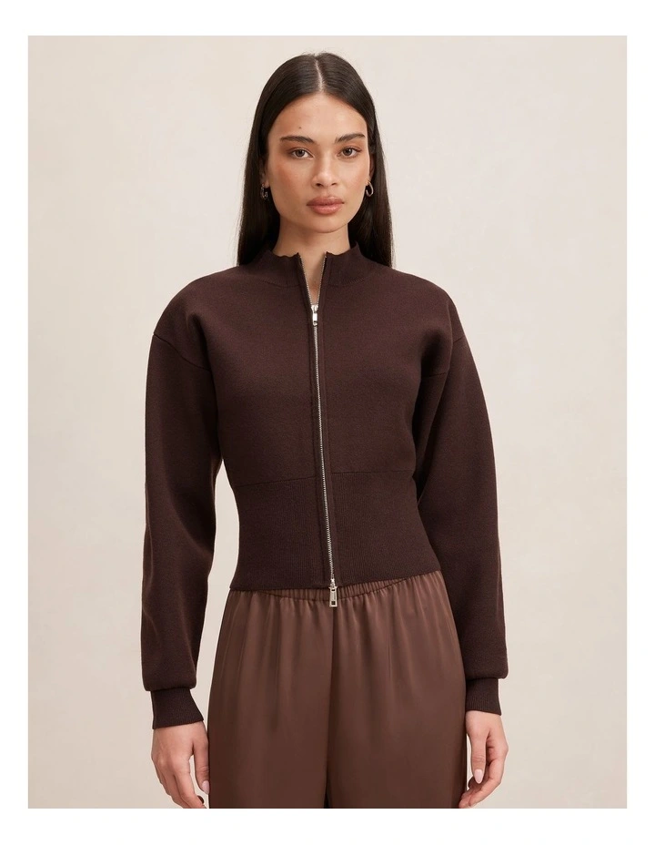 Hanna Zip Knitted Jacket in Chocolate image 1