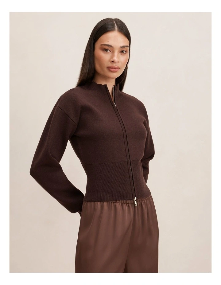 Hanna Zip Knitted Jacket in Chocolate image 3