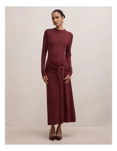 Irina Long Sleeves Tie Knitted Dress in Brown