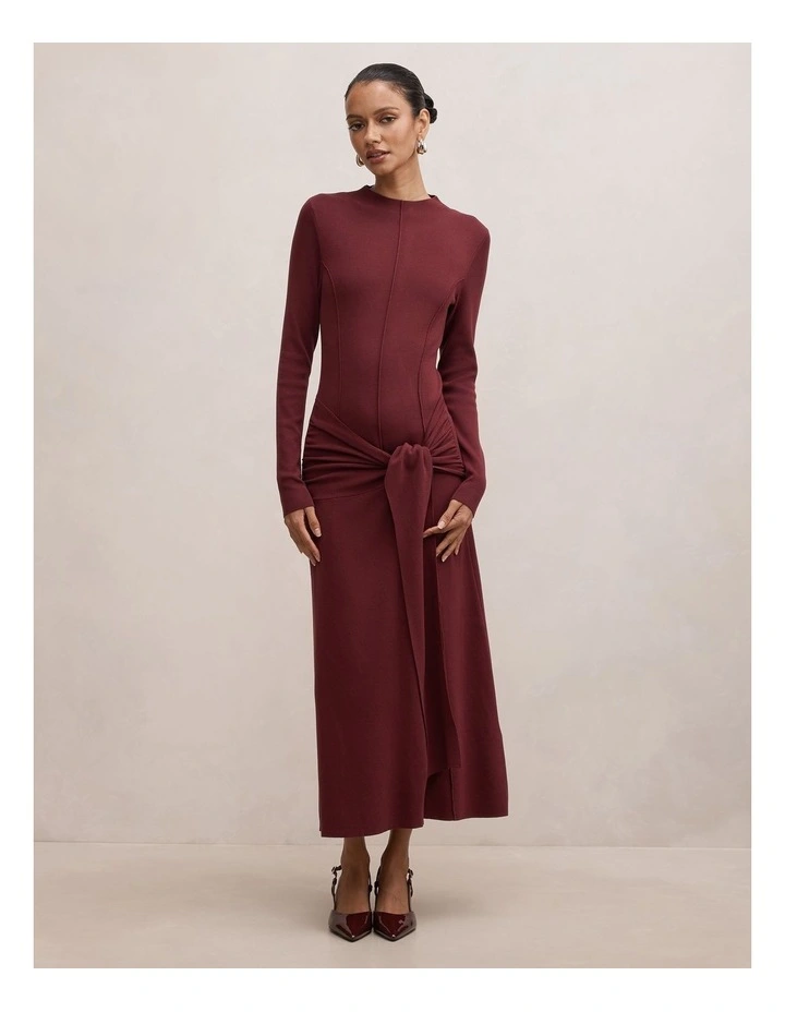 Irina Long Sleeves Tie Knitted Dress in Brown image 1
