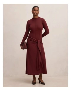 Irina Long Sleeves Tie Knitted Dress in Brown