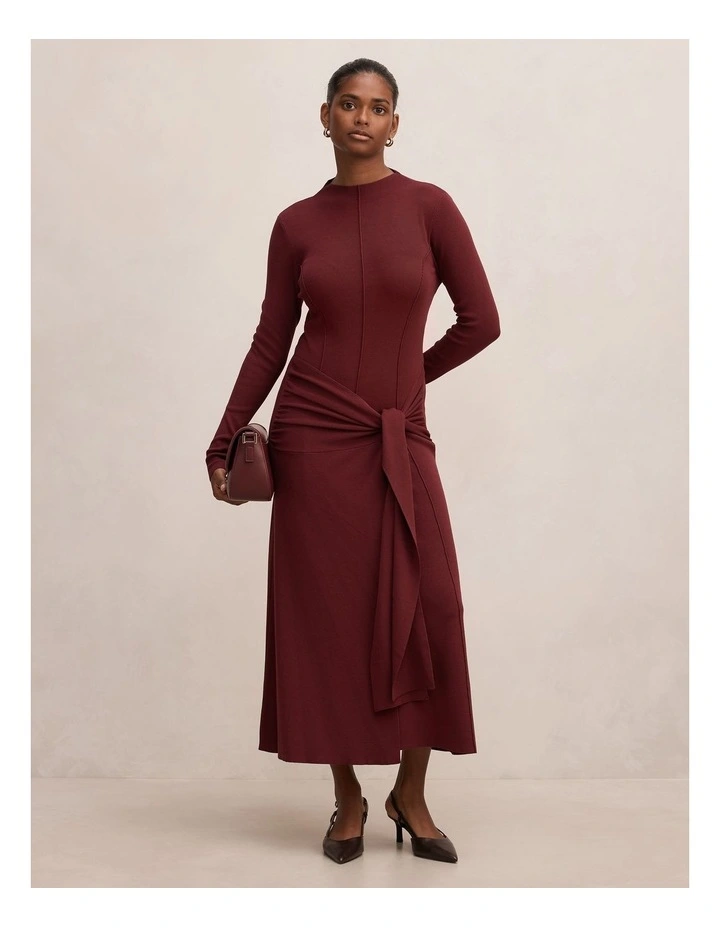 Irina Long Sleeves Tie Knitted Dress in Brown image 1