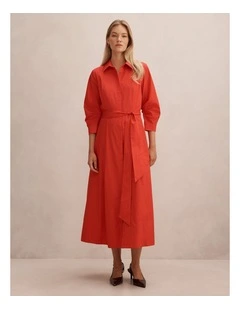 Sally Cotton Shirt Midi Dress in Red