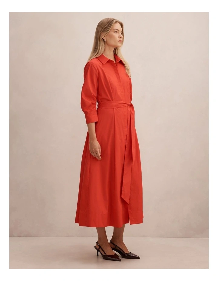 Sally Cotton Shirt Midi Dress in Red image 3