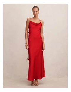 Amery 3D Floral Satin Maxi Dress in Red