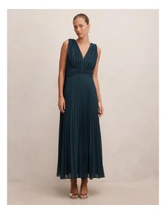 Leia Pleated Cape Maxi Dress in Crystal Teal