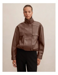 Angela Oversized Faux Leather Bomber Jacket in Brown