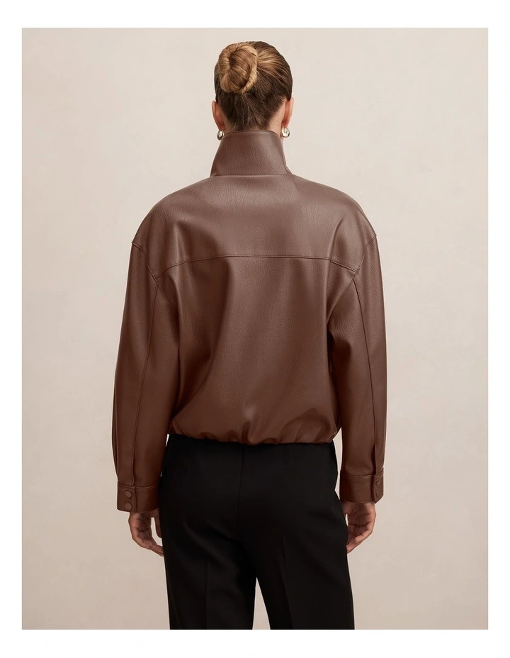 Angela Oversized Faux Leather Bomber Jacket in Brown image 2