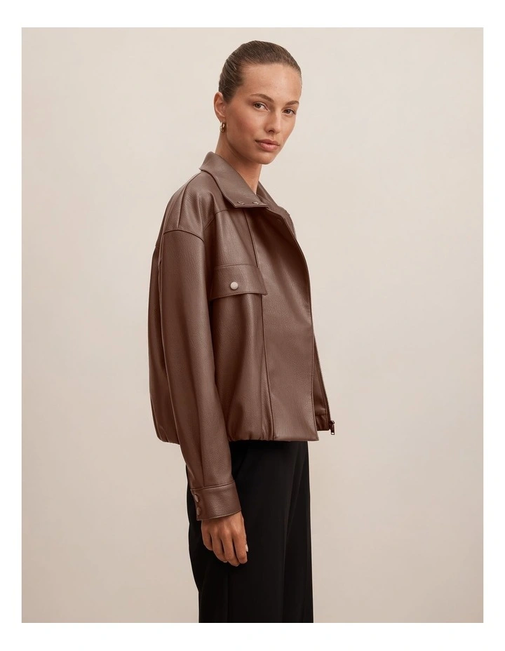 Angela Oversized Faux Leather Bomber Jacket in Brown image 3