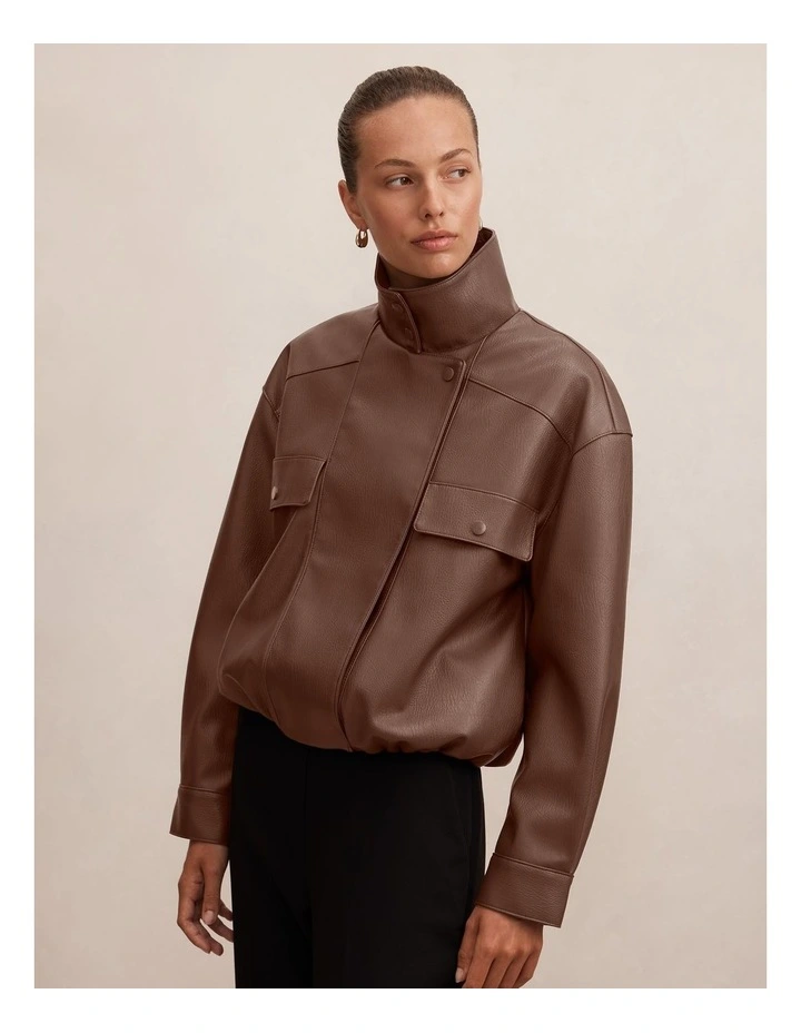 Angela Oversized Faux Leather Bomber Jacket in Brown image 4