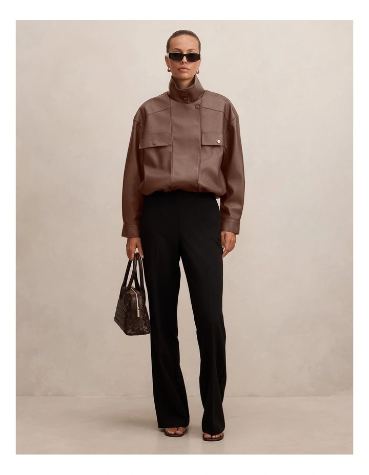 Angela Oversized Faux Leather Bomber Jacket in Brown image 5