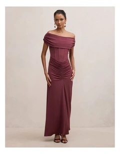 Ania Ruched Bardot Maxi Dress in Purple