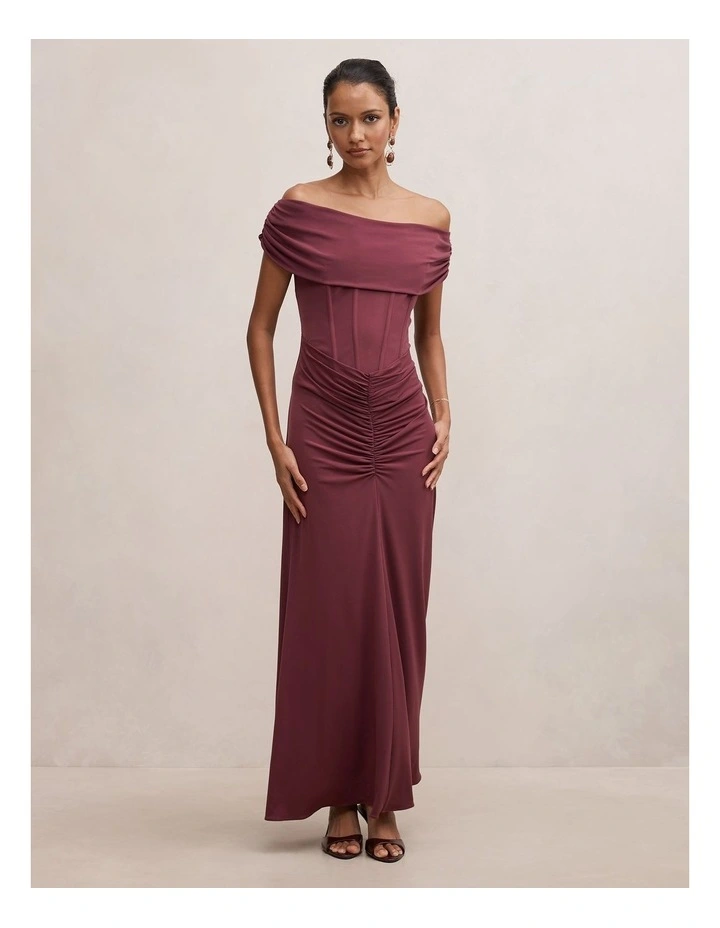 Ania Ruched Bardot Maxi Dress in Purple image 1