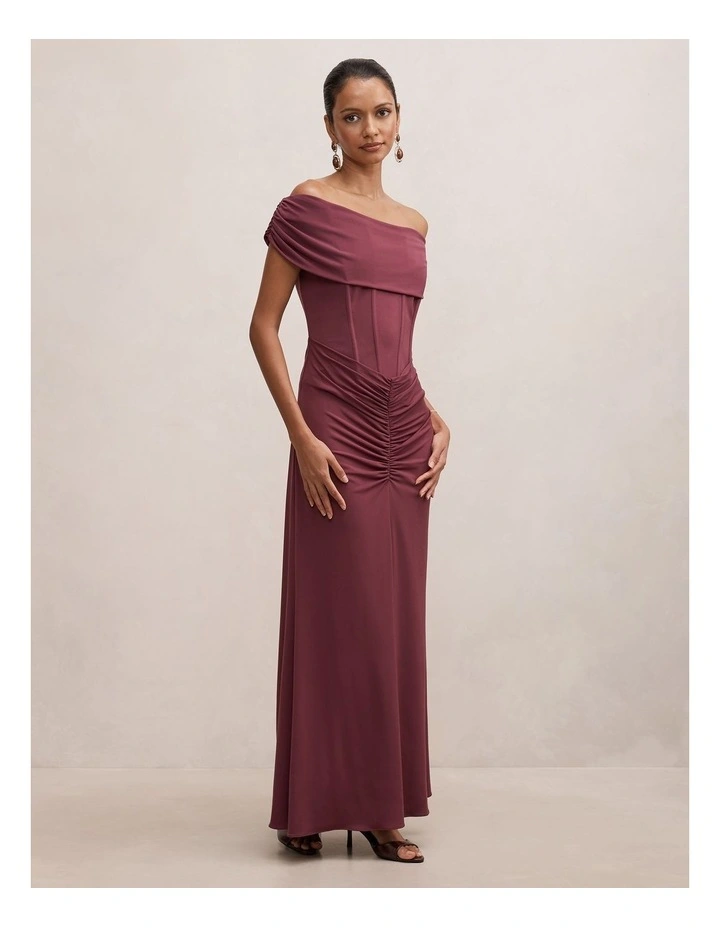 Ania Ruched Bardot Maxi Dress in Purple image 3