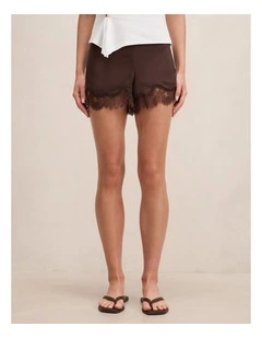 Jessica Lace Trim Satin Shorts in Chocolate