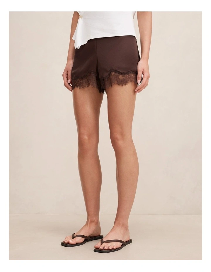Jessica Lace Trim Satin Shorts in Chocolate image 3