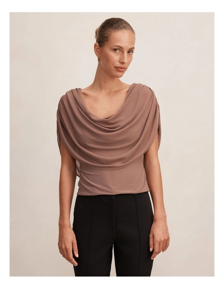 Olivia Draped Mesh Cape Top in Brown image 1