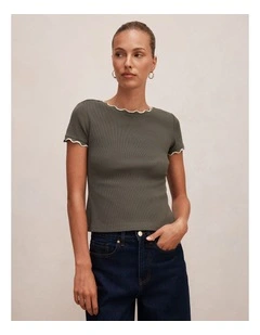 Rebecca Scallop Trim T-shirt in Thyme and Porcelain
